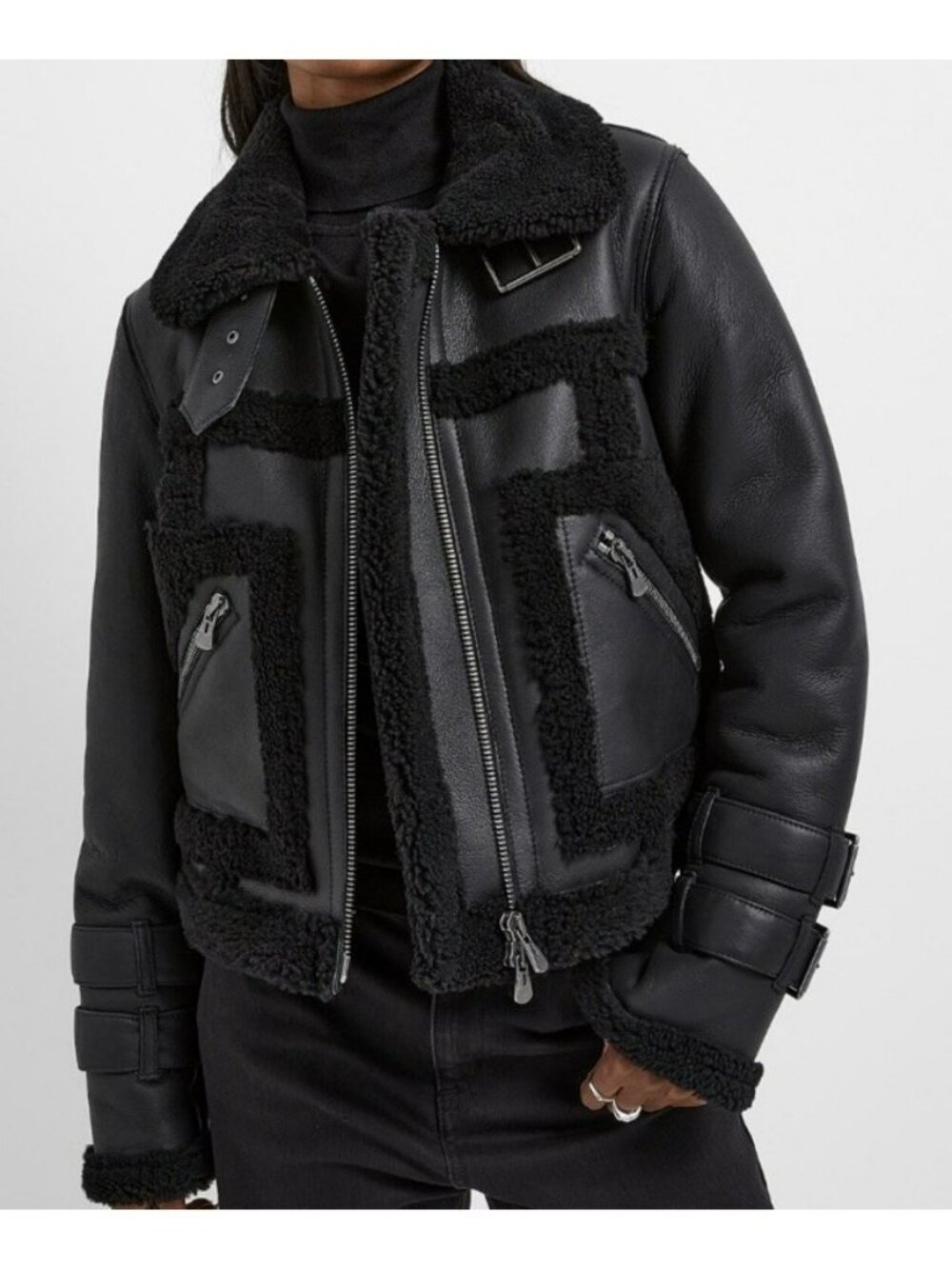 HiSO Doll Black Shearling Biker Jacket Womens Size Large Cropped Aviator Coat